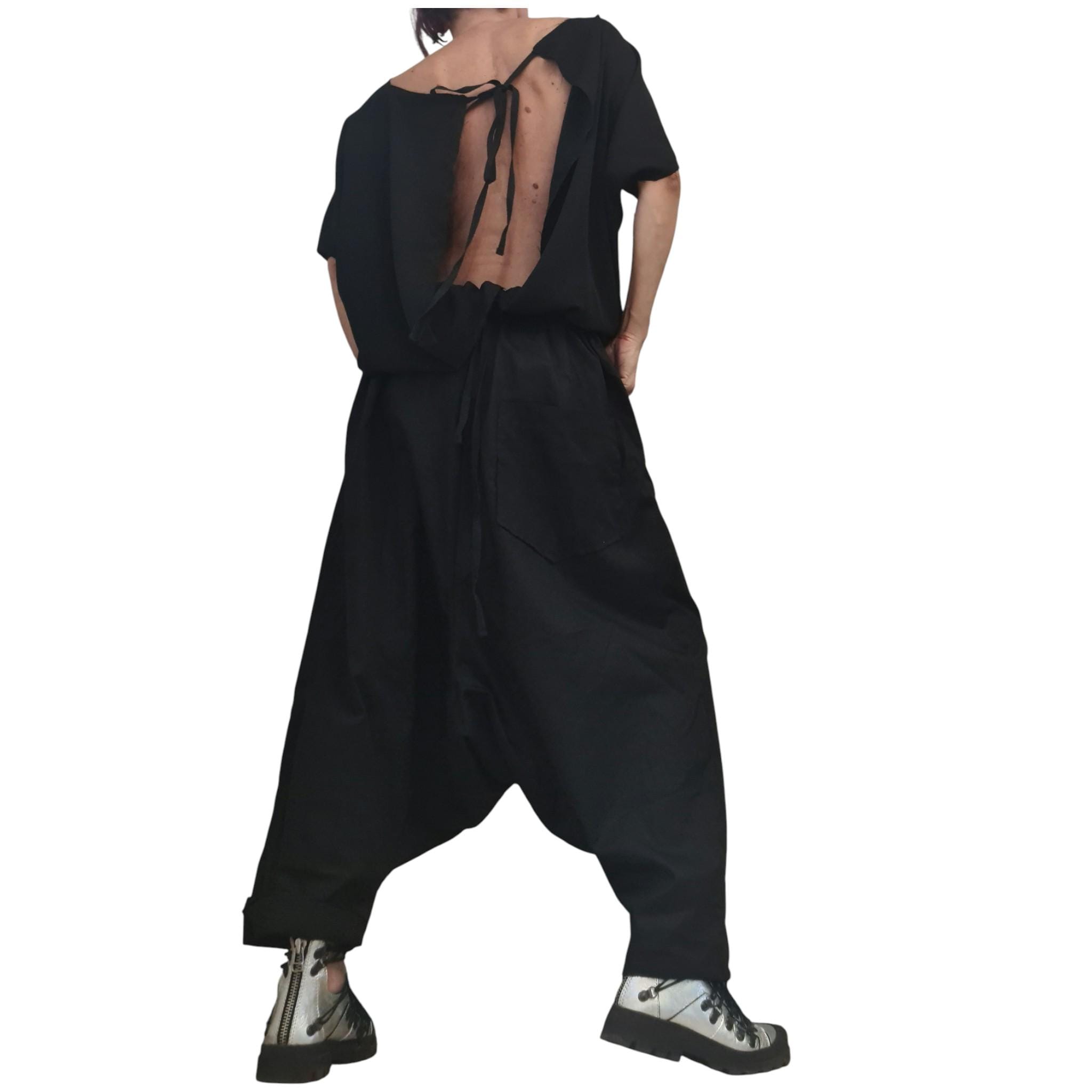 Black Gothic Harem Jumpsuit, Loose Drop Crotch Overall, Open Back