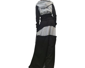 Avant Garde Two Piece Set, Black Gray Wide Leg Harem Pants, Oversized Hooded Top