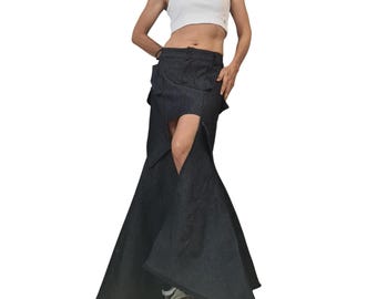Extravagant Asymmetric Denim Skirt, Wrap A-Line Maxi Skirt