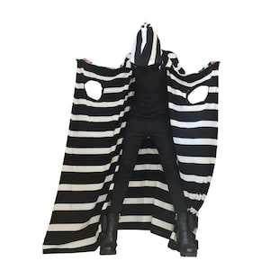 Black Striped Knitted Hooded Vest, Gothic Long Cardigan, Plus Size Top
