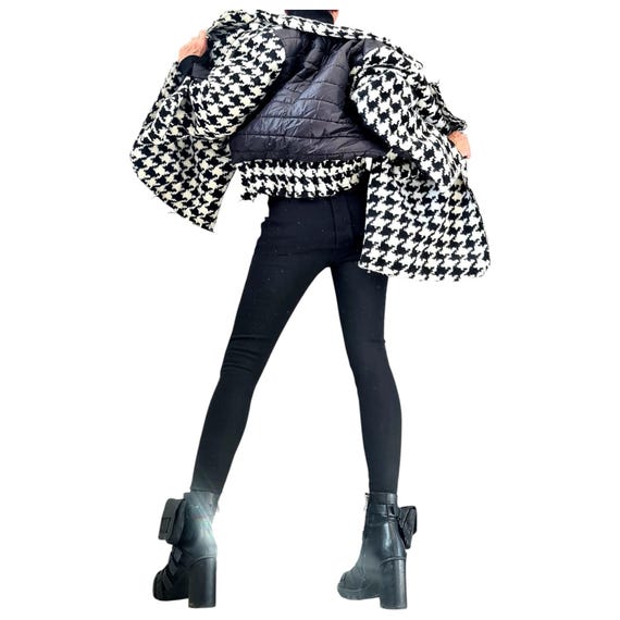 Black and White Houndstooth Wool Coat, Oversized Winter Jacket, Quilted Puffer Lining