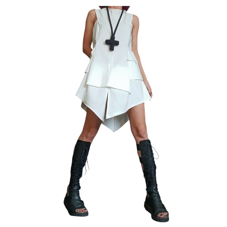 Vestido blanco asimétrico extravagante, ropa de tallas grandes, vestido sin mangas imagen 6
