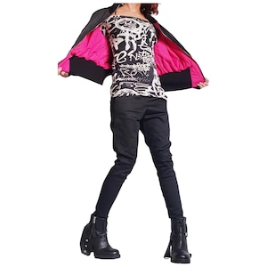 Black and Pink Cropped Winter Bomber Jacket, Oversized Fold Over Collar, Back Zip Detail