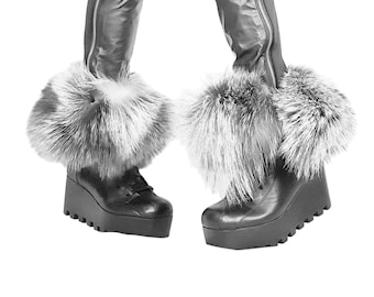 Fox Fur Wedge Boots, Platform Winter Booties, Handmade Leather Ankle Shoes