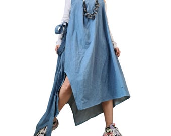 Avant Garde Denim Maxi Long Sleeve Dress, Funnel Neck Extravagant Two Tone  Dress, Turtleneck Asymmetric Flare Dress With Pocket - Etsy