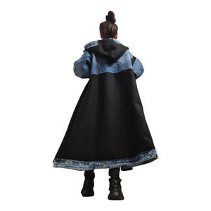 Black Hooded Maxi Coat with Denim Patchwork, Fit Flared Jacket, Grunge Oversized Hooded Trench