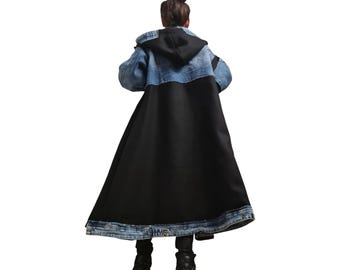 Black Hooded Maxi Coat with Denim Patchwork, Fit Flared Jacket, Grunge Oversized Hooded Trench