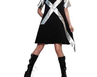 Black Silver Asymmetric Dress, Avant Garde Loose Tunic