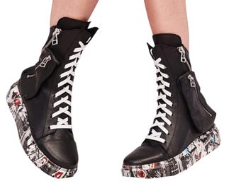 Handmade Black Leather Boots, Conceptual Design, High Top Statement Footwear