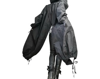 Asymmetrical Hooded Jacket, Black Gothic Trench Coat, Extravagant Long Loose Jacket , Mid-season Blazer