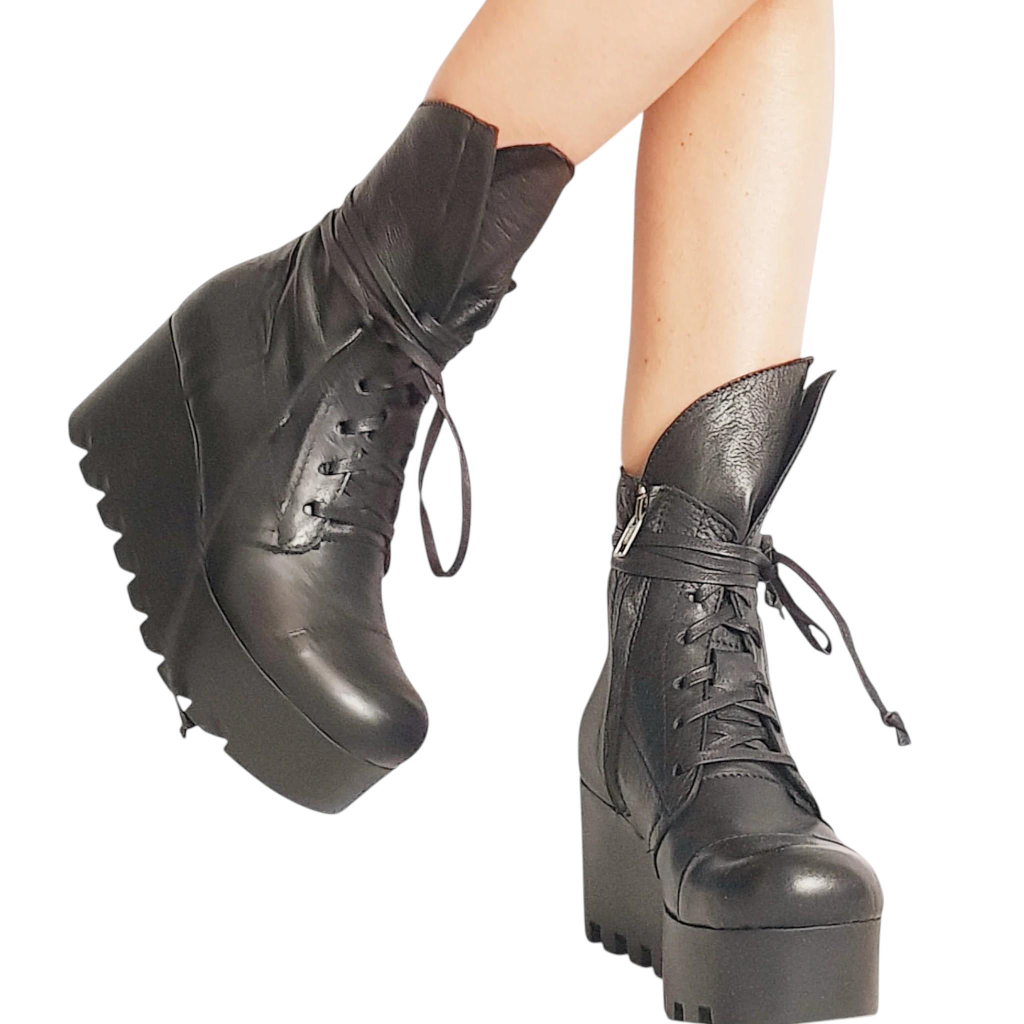 Black Platform Boots, Gothic Combat Booties, Steampunk Winter