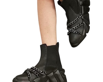 Black Leather Sneakers, Gothic Platform Ankle Shoes, Handmade Women Footwear