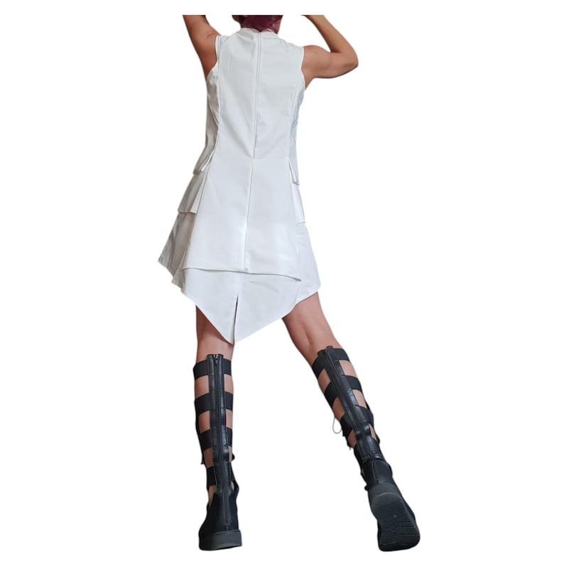 Vestido blanco asimétrico extravagante, ropa de tallas grandes, vestido sin mangas imagen 3