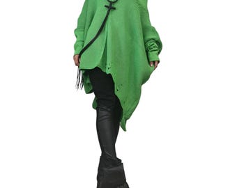 Green Asymmetrical Knitted Tunic, Loose Fit Blouse, Open Shoulder Sweater