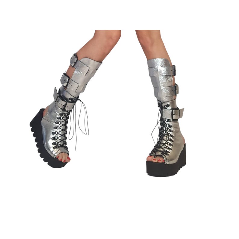 Silver Greek Sandals, Platform Gladiator Shoes, Open Toe Leather Footwear image 9