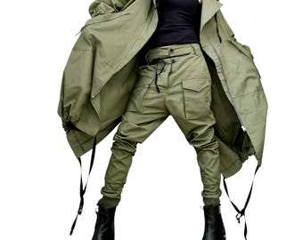 Avantgarde Military Trench Coat, Oversized Hooded Jacket, Green Cotton Asymmetrical Coat, Extravagant Ripstop Fall Outerwear for Women