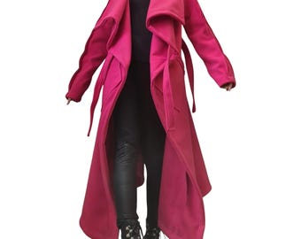 Asymmetric Hot Pink Coat, Avant Garde Plus Size Jacket, Extravagant Long Coat, Women Fashion