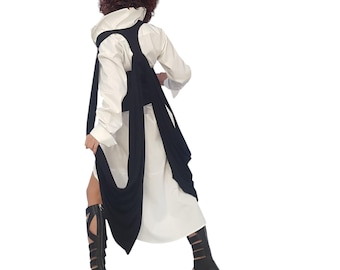 Asymmetric White Shirt with Vest, Long Short Shirt with Asymmetric Vest, Avant Garde Tunic with Extravagant Vest