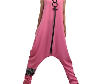 Pink Asymmetric Wide Leg Jumpsuit, Women Loose Harem Overall, Plus Size