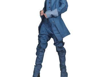 Denim Avant Garde Set, Asymmetric Blazer and Cargo Pants, Deconstructed Extravagant Womens Clothing