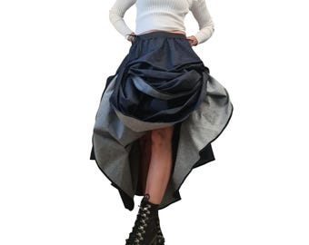 Asymmetric Denim Maxi Skirt, Adjustable Length, Avant Garde Handmade, Fashion for Women