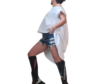 White asymmetric tunic, sleeveless cotton top, oversized loose fit women clothing