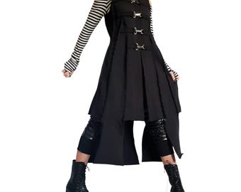 Avant Garde Gothic Black Vest | Asymmetric Long Sleeveless Steampunk Design