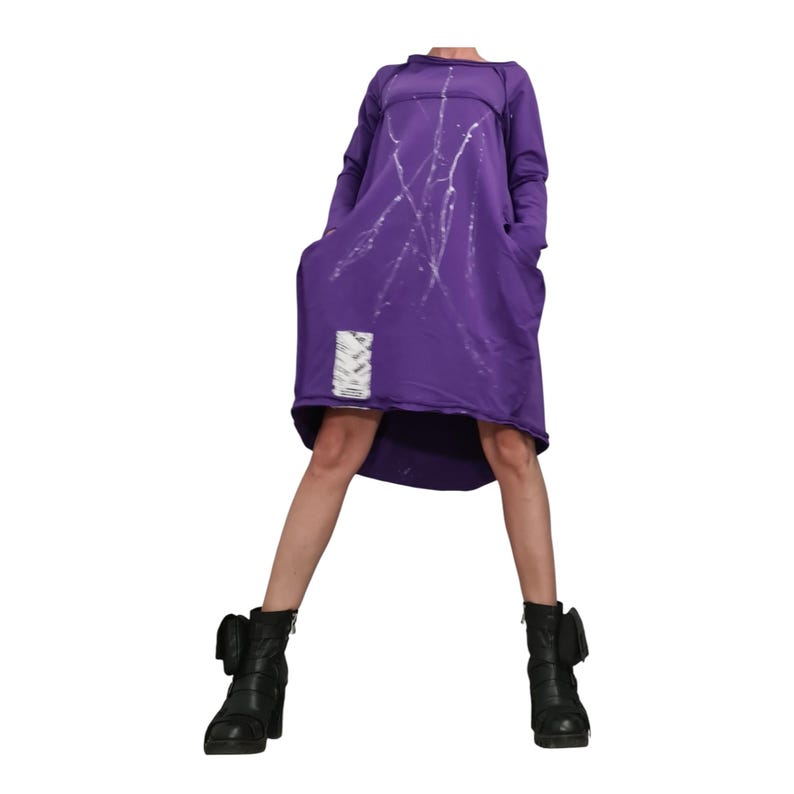 Dark Purple French Terry One Shoulder Dress for Women, Plus Size Tunic image 2