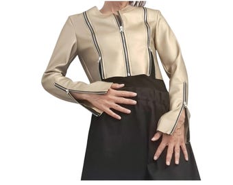 Gold Eco Leather Short Jacket Avant Garde Fitted Zipper Statement Extravagant Coat Women’s Clothing