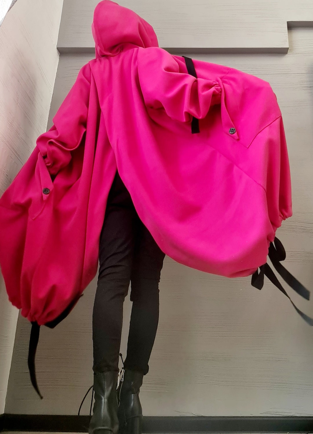 New Collection Fuchsia Extravagant Hooded Coat, Long Hot Pink Coat