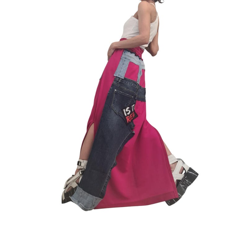 Long Cotton Skirt Switcher Set, Fuchsia Pink Handmade Outfit with Denim Elements, Asymmetrical Long Skirt Long Sleeve Top, Avant-Garde Set image 9