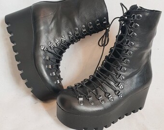 thumbnail image 2 of Womens Lace Up Boots Mid Calf Ankle Black Combat Punk Biker Goth Zip Shoes Size 3-8 2 of 14
