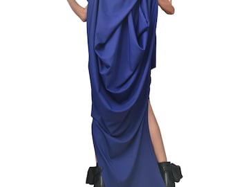 Royal Blue Oversize Maxi Dress, Avant Garde One Shoulder Drape