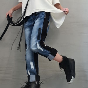 Extravagante Jeans Hose, Lässige Jeans Haremshose, Streetwear Hose, Unisex Denim, Frauen Denim Harem, Denim Lack