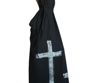 Black Open Back Maxi Gothic Dress, Sleeveless Plus Size Kaftan