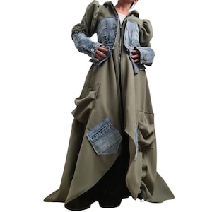 Avant Garde Maxi Coat, Oversized Khaki Hooded Coat, Denim Patchwork Jacket, Asymmetric Cargo Sweatshirt