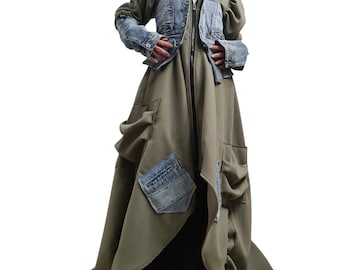 Avant Garde Maxi Coat, Oversized Khaki Hooded Coat, Denim Patchwork Jacket, Asymmetric Cargo Sweatshirt