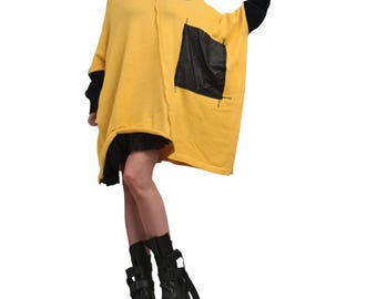 Yellow Asymmetrical Knitted Tunic, Oversized Knit Sweater, Plus Size Top