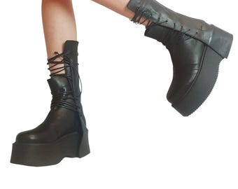 Black Leather Platform Gothic Boots, Lace Up Mid Calf Booties, Grunge Shoes