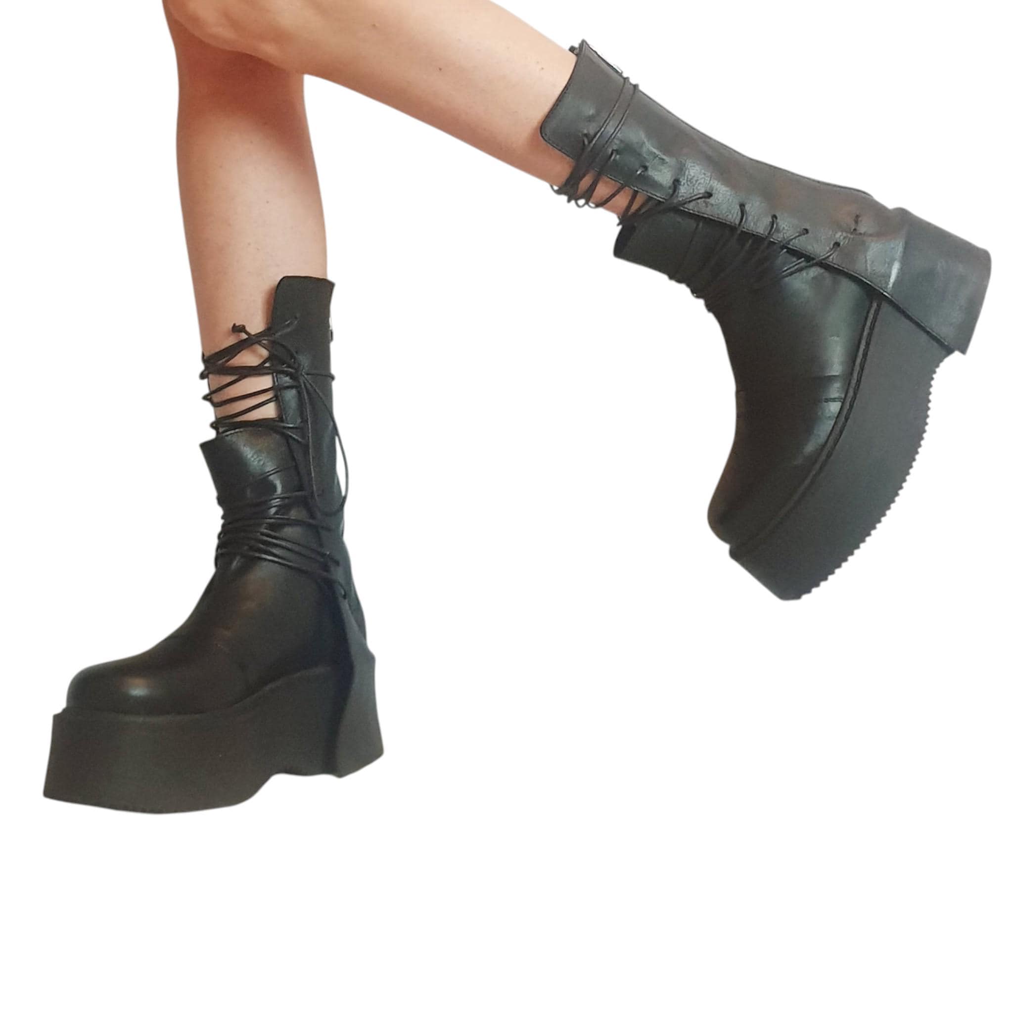 Black Leather Platform Gothic Boots, Lace up Mid Calf Booties 