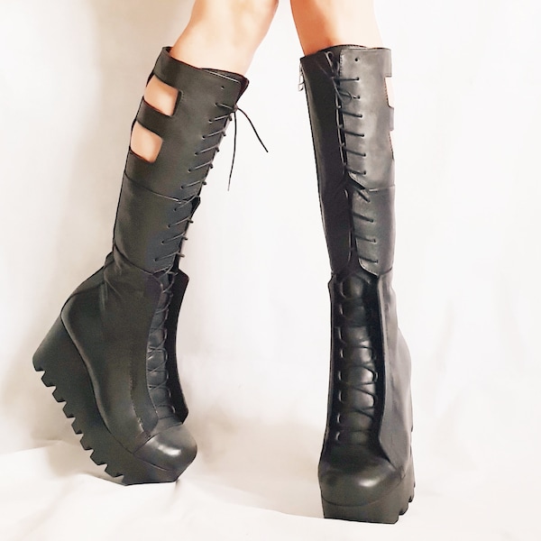 Leather Gladiator Boots , High Platform Boots, Steampunk Boots, Women Platform Boots, Gothic Shoes, Leather Wedges, Strappy Boots