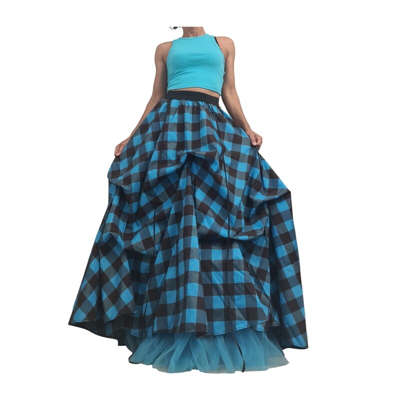 Tulle Asymmetric Skirt, Turquoise Blue Brown Plaid Ball, Long Short Skirt image 8
