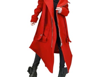 Red Bouclé Hooded Coat, Asymmetrical Long Jacket, Oversized Collar, Front Zipper, Avant Garde Style