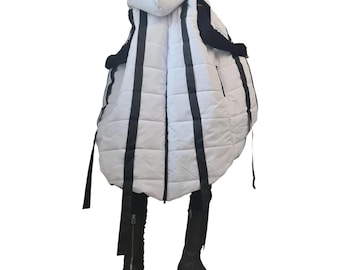 White Winter Hooded Sleeveless Jacket, Plus Size Asymmetrical Vest