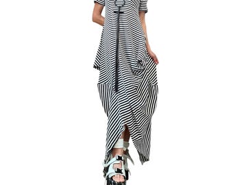 Striped Cotton Dress, French Terry Asymmetric Dress High Low Hem, Oversized Avant Garde Fashion