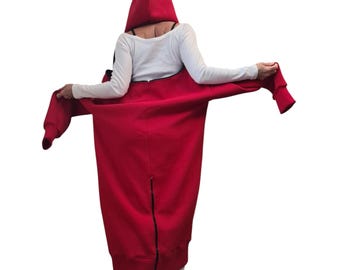 Red Maxi Oversized Cotton Hoodie Sweatshirt Dress for Women, Plus Size Clothing
