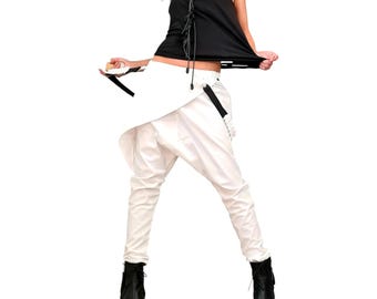 Avant Garde Pants, White Harem Pants Women, Drop Crotch Pants, Extravagant Pants, Casual Pants, Urban Pants