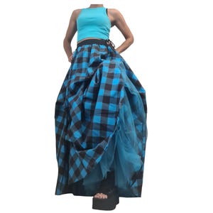Tulle Asymmetric Skirt, Turquoise Blue Brown Plaid Ball, Long Short Skirt image 7
