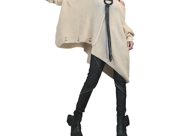 Beige Asymmetrical Knitted Tunic, Oversized Knit Sweater, Plus Size Top