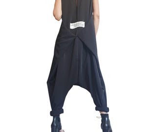 Black Asymmetric Wide Leg Jumpsuit | Sleeveless Harem Fit | Fashion for Women | Avant Garde Style